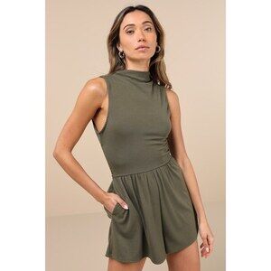 Lulus Perfectly Easygoing Olive Green Funnel Neck Cutout Lounge Romper - Size S